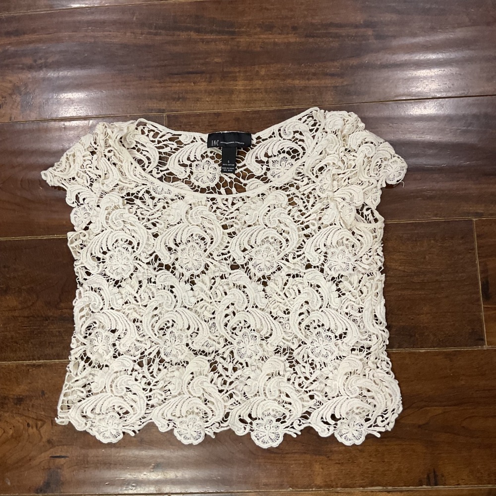 INC International Concepts Womens Cream Floral Crochet Lace Top Short Sleeve S